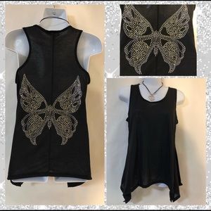 NWOT- Black asymmetrical tank w. Butterfly on back
